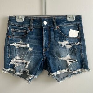 American eagle distressed blue midi denim shorts